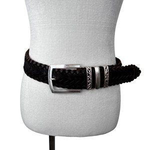 Woolrich Braided Leather Belt Brown size L Women Wide Heavy Silver Tone Buckle